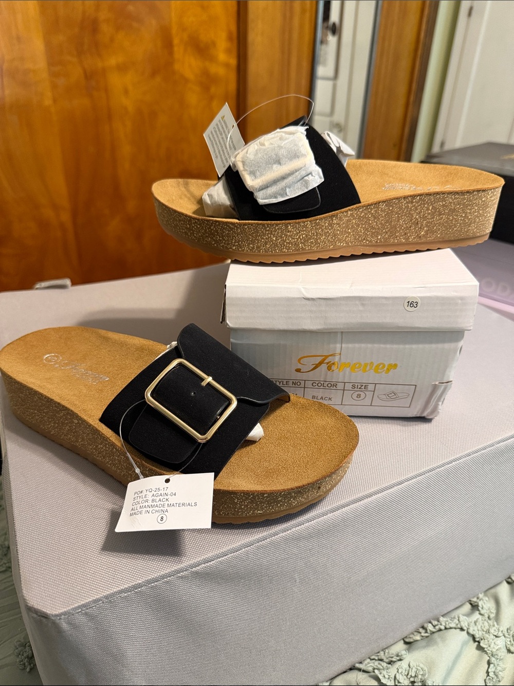 Forever Black Slide Sandals with Gold Buckle